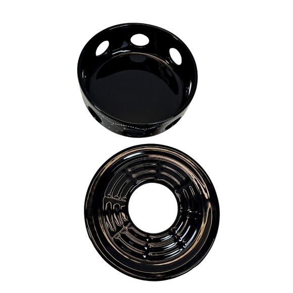 French Rustic Alsace Soufflenheim 8.5 Tea Pot & Warmer Black Polka Dot Pottery - Picture 5 of 6